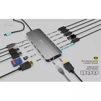 i-tec USB-C Metal Nano 3x Display Dock, 2x HDMI 1x USB-C videó, PD 140W   univerzális töltő 140 W