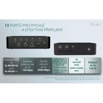 i-tec Thunderbolt 5 Quattro kijelző dokkolóállomás, Power Delivery 140W