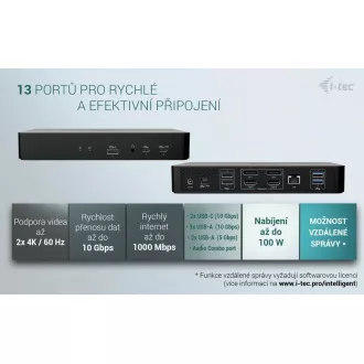 i-tec univerzális intelligens, két kijelzős dokkolóállomás, Power Delivery 100W