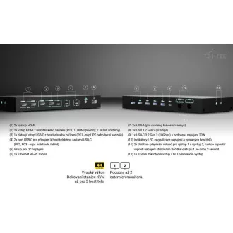 i-tec USB-C KVM dokkolóállomás 3 hosthoz, kettős kijelző, Power Delivery 1x 92W/2x 65W