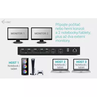 i-tec USB-C KVM dokkolóállomás 3 hosthoz, kettős kijelző, Power Delivery 1x 92W/2x 65W