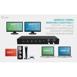 i-tec USB-C KVM dokkolóállomás 3 hosthoz, kettős kijelző, Power Delivery 1x 92W/2x 65W