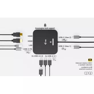 i-tec USB-C Dual HDMI dokkoló állomás, Power Delivery 100W