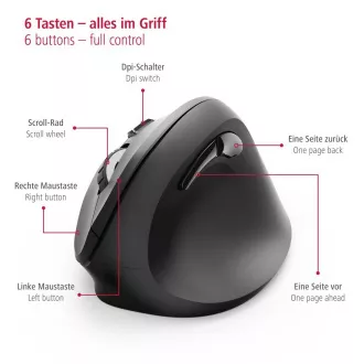 Hama függőleges ergonomikus vezeték nélküli egér EMW-500, 6 gomb, fekete