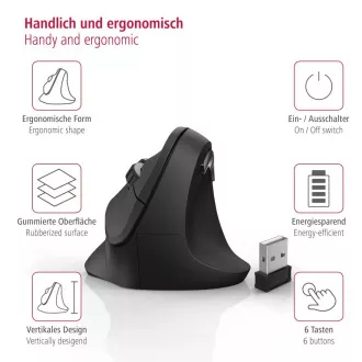 Hama függőleges ergonomikus vezeték nélküli egér EMW-500, 6 gomb, fekete