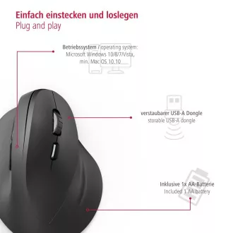 Hama függőleges ergonomikus vezeték nélküli egér EMW-500, 6 gomb, fekete