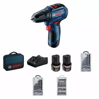 BOSCH GSR 12V-30, akkus fúrócsavarhúzó, 0 - 420 / 0 - 1.600 rpm, 8 mm, fúrószárkészlet és fúrószárkészlet, táska