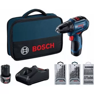BOSCH GSR 12V-30, akkus fúrócsavarhúzó, 0 - 420 / 0 - 1.600 rpm, 8 mm, fúrószárkészlet és fúrószárkészlet, táska