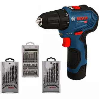 BOSCH GSR 12V-30, akkus fúrócsavarhúzó, 0 - 420 / 0 - 1.600 rpm, 8 mm, fúrószárkészlet és fúrószárkészlet, táska