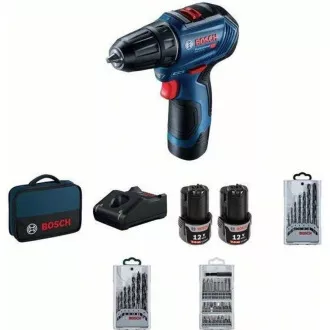 BOSCH GSR 12V-30, akkus fúrócsavarhúzó, 0 - 420 / 0 - 1.600 rpm, 8 mm, fúrószárkészlet és fúrószárkészlet, táska