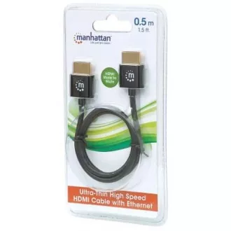 MANHATTAN Ultra-vékony, nagy sebességű HDMI kábel Ethernet, HEC, ARC, 3D, 4K, HDMI csatlakozóról csatlakozóra, árnyékolt, fekete, 0, 5m