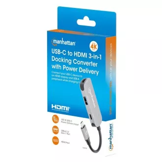 MANHATTAN dokkolóállomás USB-C 3in1, 1xHDMI, 1xUSB-C, 1xUSB, 1xUSB, szürke