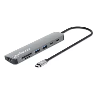 MANHATTAN USB-C 7in1 dokkolóállomás, 1xHDMI, 2xUSB-C, 2xUSB, 2xUSB, SD kártyaolvasó, szürke színben