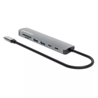 MANHATTAN USB-C 7in1 dokkolóállomás, 1xHDMI, 2xUSB-C, 2xUSB, 2xUSB, SD kártyaolvasó, szürke színben