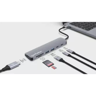 MANHATTAN USB-C 7in1 dokkolóállomás, 1xHDMI, 2xUSB-C, 2xUSB, 2xUSB, SD kártyaolvasó, szürke színben