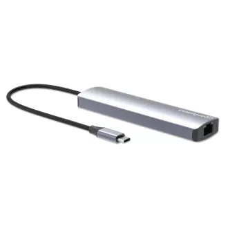 MANHATTAN dokkolóállomás USB-C 6in1, 1xHDMI, 1xUSB-C, 3xUSB, 1xRJ45, szürke
