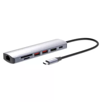 MANHATTAN USB-C 7in1 dokkolóállomás, 1xHDMI, 1xUSB-C, 2xUSB, 1xRJ45, SD kártyaolvasó, szürke színben