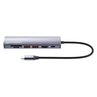 MANHATTAN USB-C 7in1 dokkolóállomás, 1xHDMI, 1xUSB-C, 2xUSB, 1xRJ45, SD kártyaolvasó, szürke színben