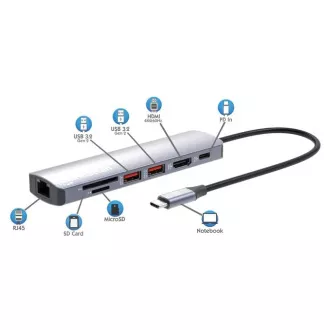 MANHATTAN USB-C 7in1 dokkolóállomás, 1xHDMI, 1xUSB-C, 2xUSB, 1xRJ45, SD kártyaolvasó, szürke színben
