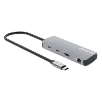 MANHATTAN dokkolóállomás USB-C 9v1, 1xHDMI, 2xUSB-C, 3xUSB, 1xRJ45, SD kártyaolvasó, szürke