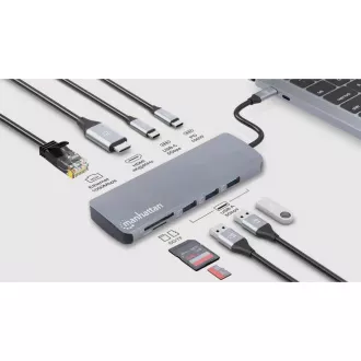MANHATTAN dokkolóállomás USB-C 9v1, 1xHDMI, 2xUSB-C, 3xUSB, 1xRJ45, SD kártyaolvasó, szürke