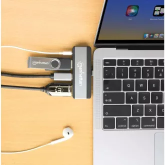 MANHATTAN dokkolóállomás USB-C 4in1, 1xHDMI, 1xUSB-C, 1xUSB, 1x3.5mm, szürke