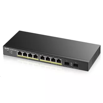 Zyxel GS1900-10HP v2 10 portos asztali Gigabit Web Smart PoE switch, 8x gigabites PoE RJ45, 2x SFP, 70W PoE költségvetés, ventilátor nélküli