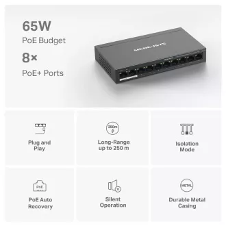 MERCUSYS switch MS110P (10x100Mb/s, 8xPoE , 65W, ventilátor nélküli)