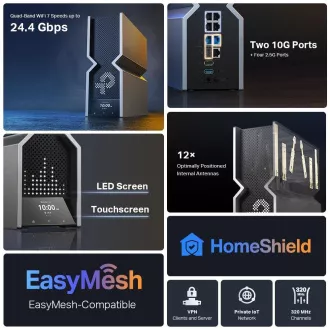 TP-Link Archer BE900 OneMesh/EasyMesh WiFi7 útválasztó(BE24000, 2, 4GHz/5GHz/6GHz, 1x10GbELAN/WAN, 1xSFP /10GbEWAN/LAN, 4x2, 5GbE)