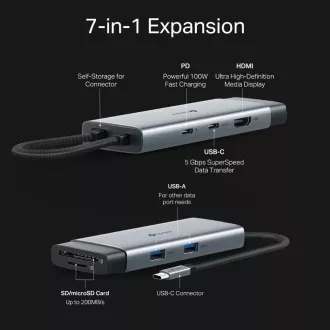 TP-Link UH7020C USB-C hub 7in1 (2x USB3.2Gen1, 1xUSB-C3.2Gen1, 1xHDMI, 1xSD, 1xmicroSD, PD 100W)
