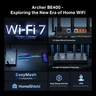 TP-Link Archer BE400 EasyMesh WiFi7 router(BE6500, 2, 4GHz/5GHz, 1x2, 5GbEWAN, 1x2, 5GbELAN, 3xGbELAN, 1xUSB3.0)
