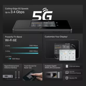 TP-Link M8550 hordozható WiFi6E router (AXE3600, 5G/4G LTE, 2, 4GHz/5GHz/6GHz, 1xGbE, 1xUSB-C, 1xnanoSIM, 1xmicroSD)