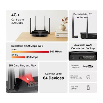 Mercusys MB235-4G WiFi5 EasyMesh router (AC1200, 4G LTE Cat6, 2, 4GHz/5GHz, 1xGbE LAN/WAN, 3xGbE LAN, 1xnanoSIM)