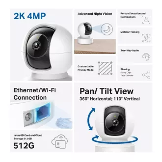 TP-Link Tapo C222 beltéri kamera, (4MP, 2K QHD 1440p, IR 12m, WiFi, 1x100Mb/s, micro SD kártya)