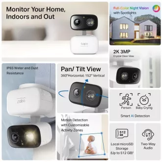 TP-Link Tapo C216 kültéri/kültéri kamera (3MP, 2K 1296p, IR 12m, WiFi, micro SD kártya)