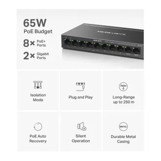 MERCUSYS switch MS110CP (8x100Mb/s, 2xGbE, 8xPoE , 65W, ventilátor nélküli)