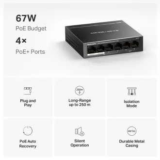 MERCUSYS switch MS106P (6x100Mbps, 4xPoE , 67W, ventilátor nélküli) MERCUSYS switch MS106P (6x100Mbps, 4xPoE , 67W, ventilátor nélküli)