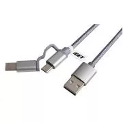 iGET G2V1 USB kábel 2 az 1-ben, 1 m, ezüst, microUSB és USB-C, kiterjesztett csatlakozók