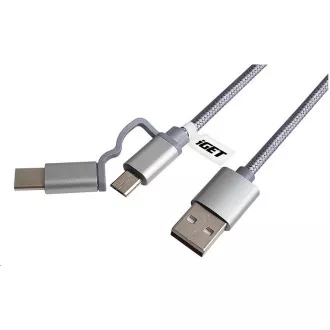 iGET G2V1 USB kábel 2 az 1-ben, 1 m, ezüst, microUSB és USB-C, kiterjesztett csatlakozók