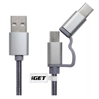 iGET G2V1 USB kábel 2 az 1-ben, 1 m, ezüst, microUSB és USB-C, kiterjesztett csatlakozók