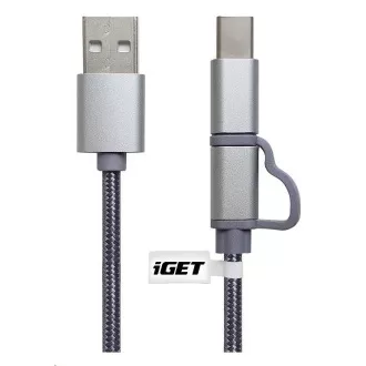 iGET G2V1 USB kábel 2 az 1-ben, 1 m, ezüst, microUSB és USB-C, kiterjesztett csatlakozók