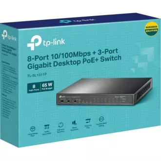 TP-Link CCTV switch TL-SL1311P (8x100Mbps, 2xGbE, 1xSFP, 8xPoE , 65W, ventilátor nélküli)