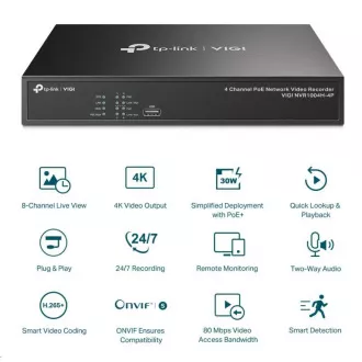 TP-Link VIGI NVR1004H-4P, videorögzítő, 4 csatorna, 4xPoE, 1xSATA, 1x100Mb/s LAN, 2xUSB2.0, 1xHDMI, 1xVGA, 1xVGA