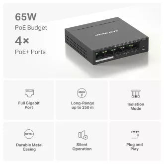 MERCUSYS switch MS105GP (5xGbE, 4xPoE , 65W, ventilátor nélküli)