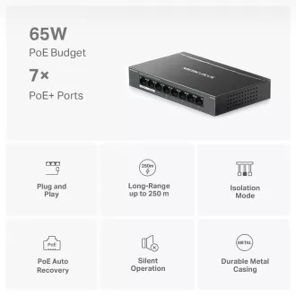 MERCUSYS switch MS108GP (8xGbE, 7xPoE , 65W, ventilátor nélküli)