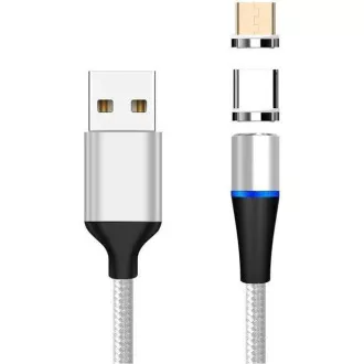 PremiumCord mágneses micro USB és USB-C töltő- és adatkábel, 1m, ezüst