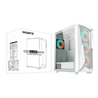 GIGABYTE ház GB-C301GW, ARGB Hub, átlátszó oldallap, Mid tower, 4x ARGB ventilátor, fehér