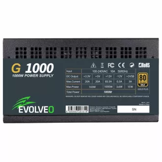 EVOLVEO G1000, 1000W, 80  GOLD, ATX 3.1, aPFC, 140 mm-es ventilátor, teljesen moduláris, 3 év garancia, fekete színű