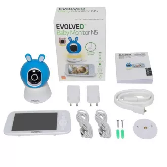 EVOLVEO Baby Monitor N5, Videós bébiőr készlet 360°-os megfigyeléssel, kétirányú kommunikációval és altatódalokkal, kék színű