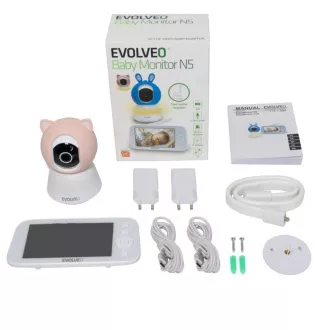 EVOLVEO Baby Monitor N5, Videós bébiőr készlet 360°-os megfigyeléssel, kétirányú kommunikációval és altatódalokkal, rózsaszínű